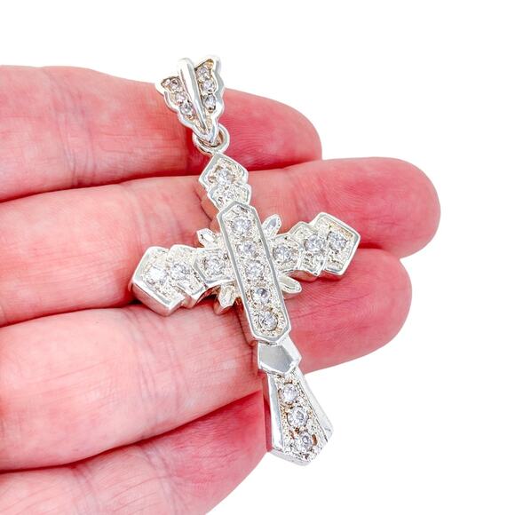 Vintage ROM Sterling Silver 925 Cubic Zirconia Ornate Cross Pendant - Picture 1 of 6